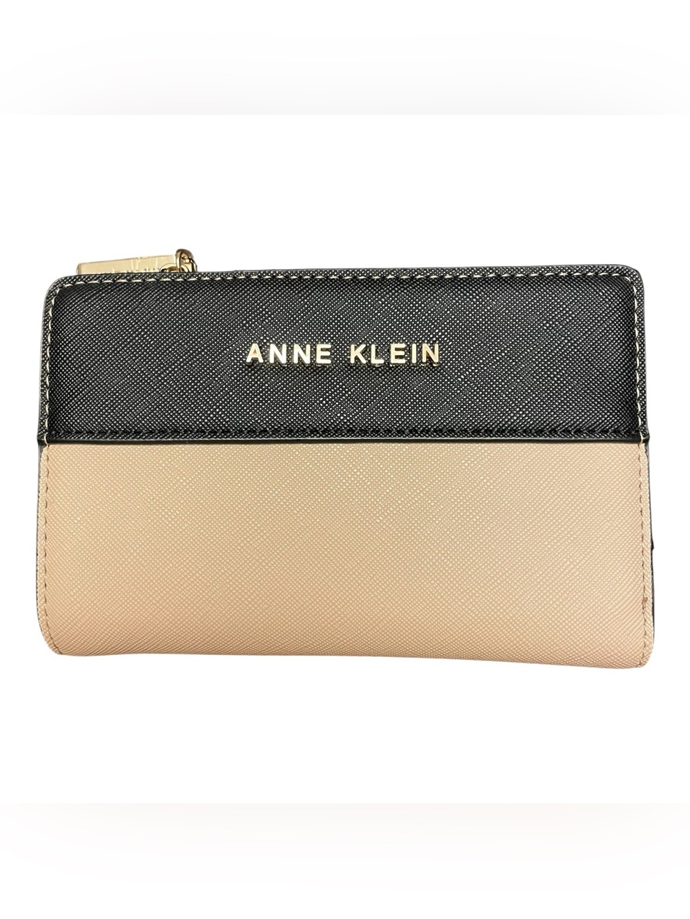 Anne Klein Bifold Wallet Women’s Color Block Tan Black Gold Letter Faux Leather